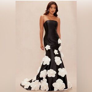 Strapless Black Gown with White 3D Floral Appliqués